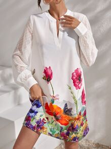 SHEIN VCAY 圓點袖印花四分之一無紐扣開襟連衣裙 - 彩色 - 查看 4