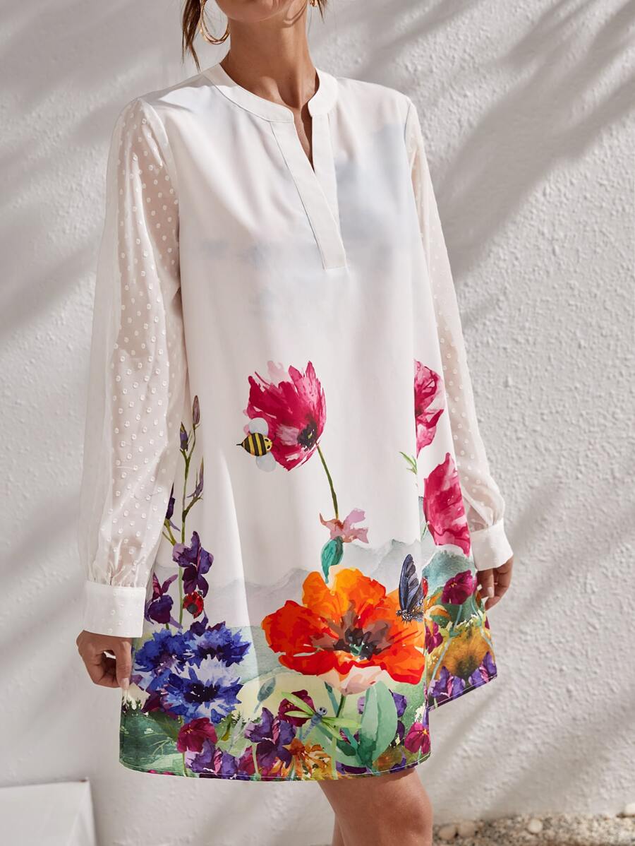 SHEIN VCAY 圓點袖印花四分之一無紐扣開襟連衣裙 - 彩色 - 查看 1