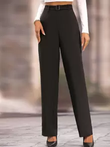 SHEIN LUNE Pantalones unicolor de pierna recta con cinturón - Negro - Ver 1