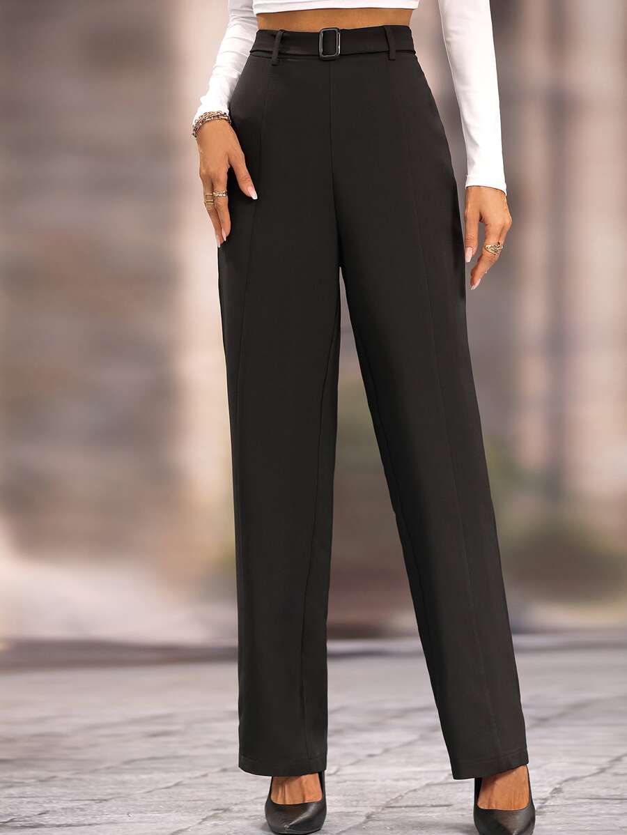 SHEIN LUNE Pantalones unicolor de pierna recta con cinturón - Negro - Ver 1
