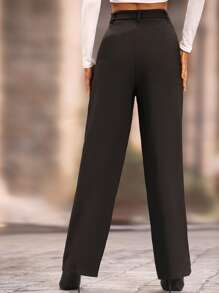SHEIN LUNE Pantalones unicolor de pierna recta con cinturón - Negro - Ver 2