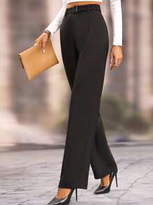 SHEIN LUNE Pantalones unicolor de pierna recta con cinturón - Negro - Ver 3