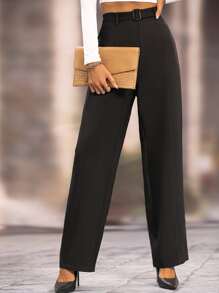 SHEIN LUNE Pantalones unicolor de pierna recta con cinturón - Negro - Ver 4