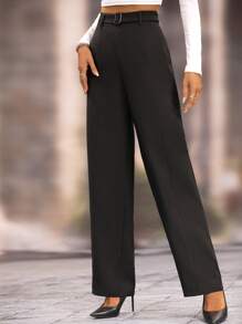 SHEIN LUNE Pantalones unicolor de pierna recta con cinturón - Negro - Ver 6