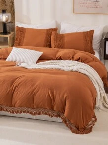 Burnt Orange Duvet Cover Set 3 Pieces Tassel Fringe Farmhouse Boho Bedding Set Ultra Soft Breathable Microfiber Tassel Fringed Comforter Cover Terracotta Shabby Chic Bedding Set For Boys Girls 1 Duvet Cover 2 Pillowcases No Comforter