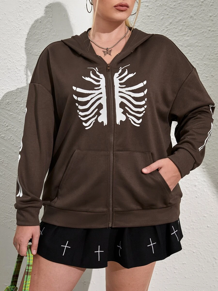 大碼骷髅圖案拉鏈開襟落肩袖連帽衫