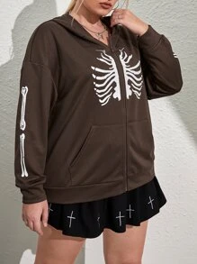 大碼骷髅圖案拉鏈開襟落肩袖連帽衫
