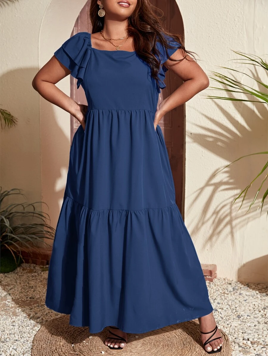 SHEIN VCAY Đầm Plus Size Xù Viên lá sen phân lớp màu trơn Giải trí - Màu xanh hải quân - Xem 1