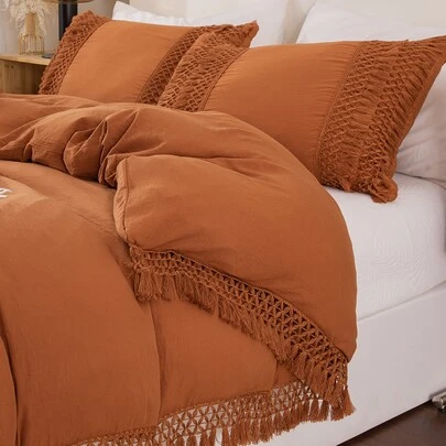 3 Piezas Juego de Ropa de Cama con Flecos Bohemios, Tela de Microfibra Suave y Transpirable, Incluye 1 Funda Nórdica y 2 Fundas de Almohada, Color Naranja Quemado, Estilo Rústico Vintage (No Incluye el Edredón)