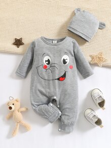 Baby Boy Cartoon Graphic Tee Jumpsuit & Accessory Hat - Grey - View 1