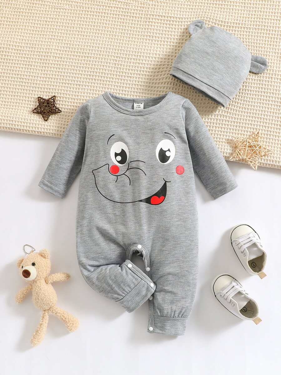 Baby Boy Cartoon Graphic Tee Jumpsuit & Accessory Hat - Grey - View 1