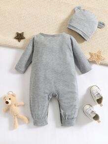 Baby Boy Cartoon Graphic Tee Jumpsuit & Accessory Hat - Grey - View 2