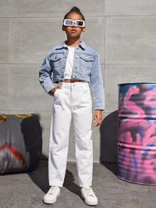 SHEIN Girls Flap Pocket Denim Jacket - Light Wash - View 3