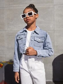 SHEIN Girls Flap Pocket Denim Jacket - Light Wash - View 4