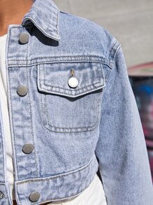 SHEIN Girls Flap Pocket Denim Jacket - Light Wash - View 6