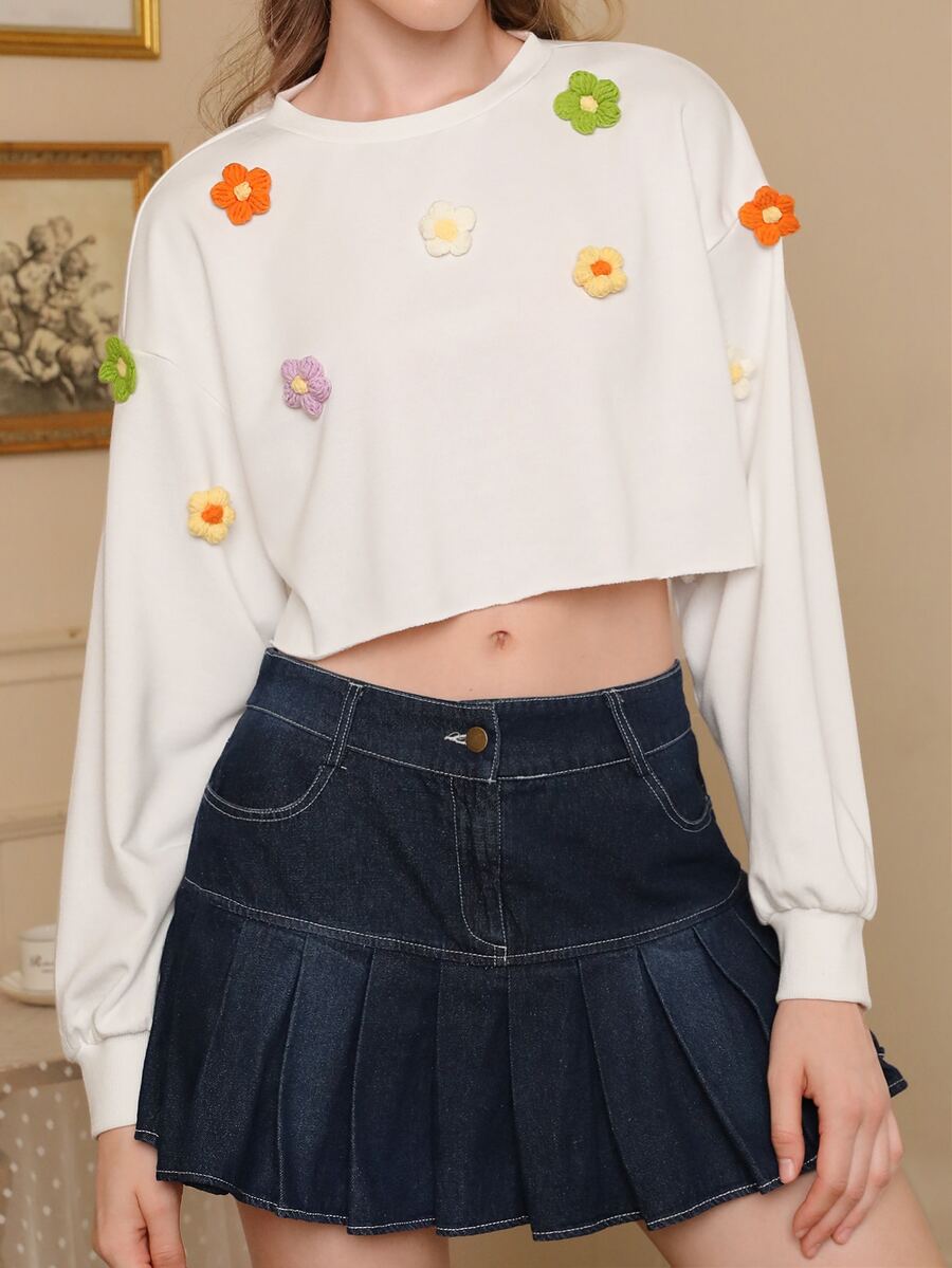SHEIN MOD Floral Appliques Drop Shoulder Crop Pullover - White - View 1