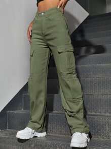 SHEIN EZwear Jeans desgarro de talle alto bolsillo con solapa occidental - Verde militar - Ver 1