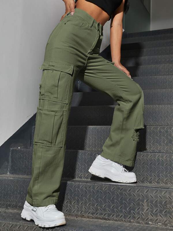 SHEIN EZwear High Waist Western Flap Pocket Ripped Jeans SHEIN USA