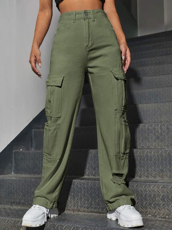 SHEIN EZwear High Waist Western Flap Pocket Ripped Jeans SHEIN USA