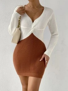 SHEIN Essnce 雙色前扭結毛衣洋裝 - 彩色 - 查看 3