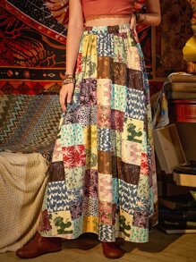 ROMWE Hippie 高腰色塊拼接圖案半身裙 - 彩色 - 查看 1