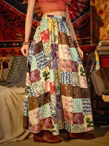 ROMWE Hippie 高腰色塊拼接圖案半身裙 - 彩色 - 查看 5