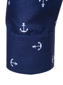 Manfinity Mode 男士全印錨點紋緊身長袖圖形工作商務休閒襯衫，適合先生 - 藏蓝色 - 查看 5