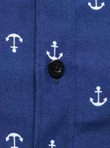 Manfinity Mode 男士全印錨點紋緊身長袖圖形工作商務休閒襯衫，適合先生 - 藏蓝色 - 查看 8