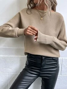 SHEIN LUNE Suéter holgado de mujer de unicolor vintage con mangas de murciélago, para invierno - Caqui - Ver 6