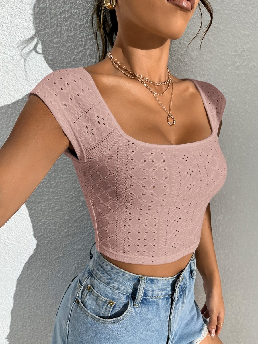 SHEIN EZwear Áo thun nữ Tranh thêu màu trơn Giải trí - Bụi hồng - Xem 1