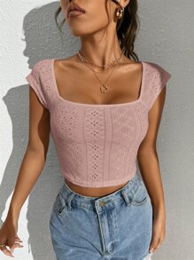 SHEIN EZwear Áo thun nữ Tranh thêu màu trơn Giải trí - Bụi hồng - Xem 3