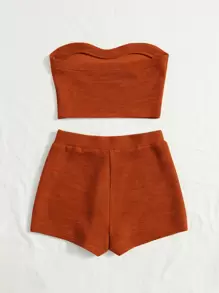 Soleia Ribbed Knit Tube Top & Cycling Shorts - Rust Brown - View 3