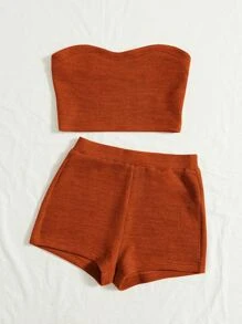 Soleia Ribbed Knit Tube Top & Cycling Shorts - Rust Brown - View 4