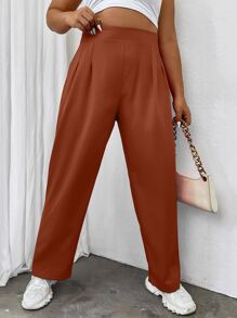 SHEIN LUNE Quần Plus Size Uốn nếp màu trơn Giải trí - Rỉ Nâu - Xem 3