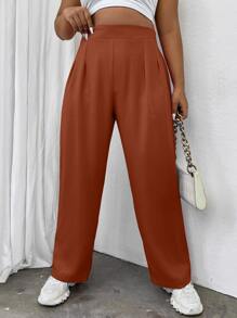 SHEIN LUNE Quần Plus Size Uốn nếp màu trơn Giải trí - Rỉ Nâu - Xem 1