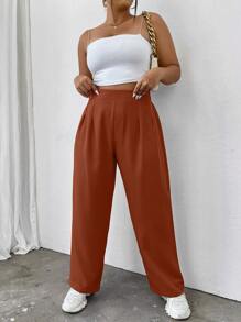 SHEIN LUNE Quần Plus Size Uốn nếp màu trơn Giải trí - Rỉ Nâu - Xem 5