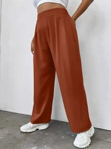 SHEIN LUNE Quần Plus Size Uốn nếp màu trơn Giải trí - Rỉ Nâu - Xem 4