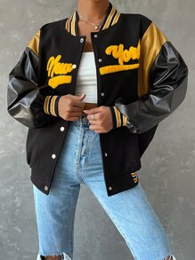 SHEIN Unity Letter Graphic Contrast PU Sleeve Bomber Jacket - Black - View 2