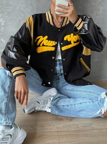 SHEIN Unity Letter Graphic Contrast PU Sleeve Bomber Jacket - Black - View 8