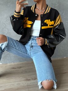 SHEIN Unity Letter Graphic Contrast PU Sleeve Bomber Jacket - Black - View 7