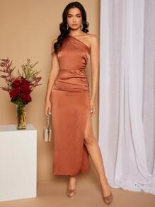 SHEIN Belle 單肩褶邊高開叉緞面伴娘洋裝