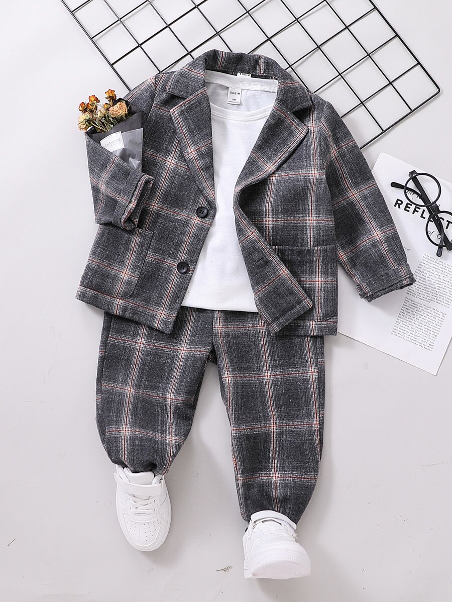 SHEIN 男小童格紋雙口袋西裝外套和褲子