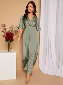 SHEIN Belle 鏤空後綁帶蝴蝶袖緞面伴娘洋裝