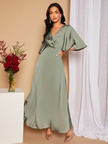 SHEIN Belle 鏤空後綁帶蝴蝶袖緞面伴娘洋裝