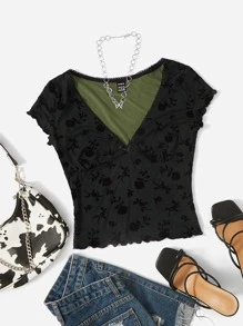 SHEIN ICON 90年代印花前蝴蝶結木耳邊短款網紗T恤 - 軍綠色 - 查看 1