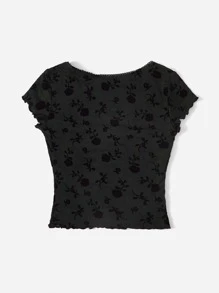 SHEIN ICON 90年代印花前蝴蝶結木耳邊短款網紗T恤 - 軍綠色 - 查看 2