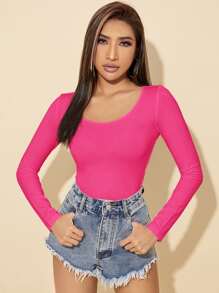 SHEIN PETITE Camiseta delgada unicolor de cuello scoop - Rosa Fucsia - Ver 1