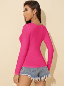 SHEIN PETITE Camiseta delgada unicolor de cuello scoop - Rosa Fucsia - Ver 2