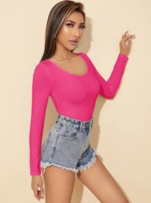 SHEIN PETITE Camiseta delgada unicolor de cuello scoop - Rosa Fucsia - Ver 3