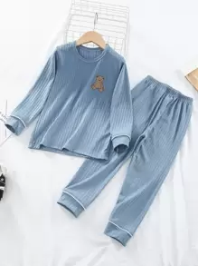 Young Boy Cartoon Graphic Contrast Piping PJ Set - Dusty Blue - View 1